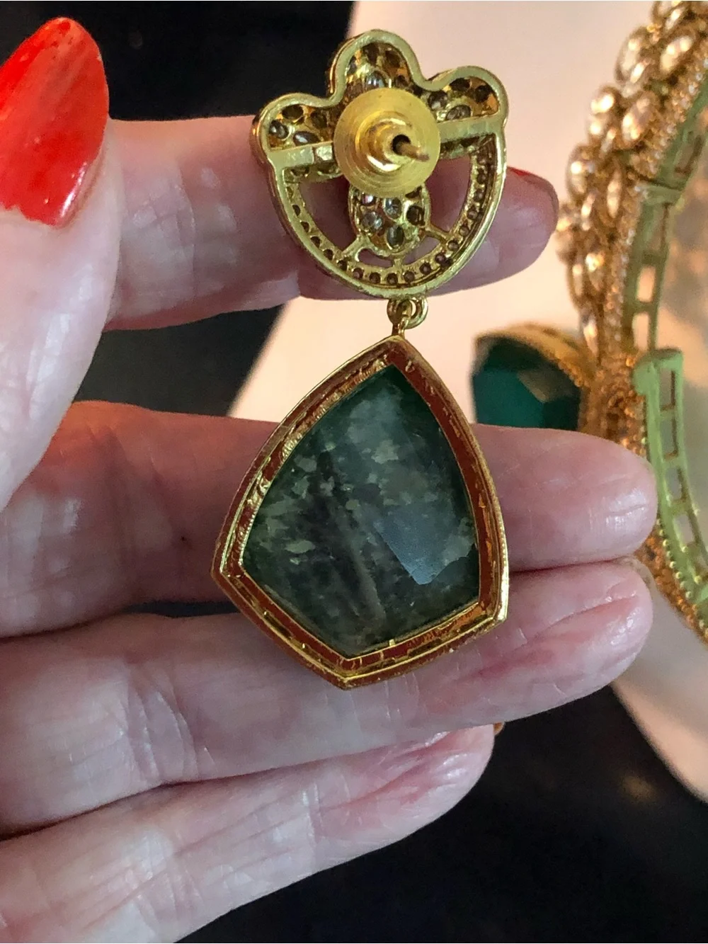 MIDEASTERN, EGYPTIAN Teardrop EMERALD Gold-Tone Necklace Pendant
